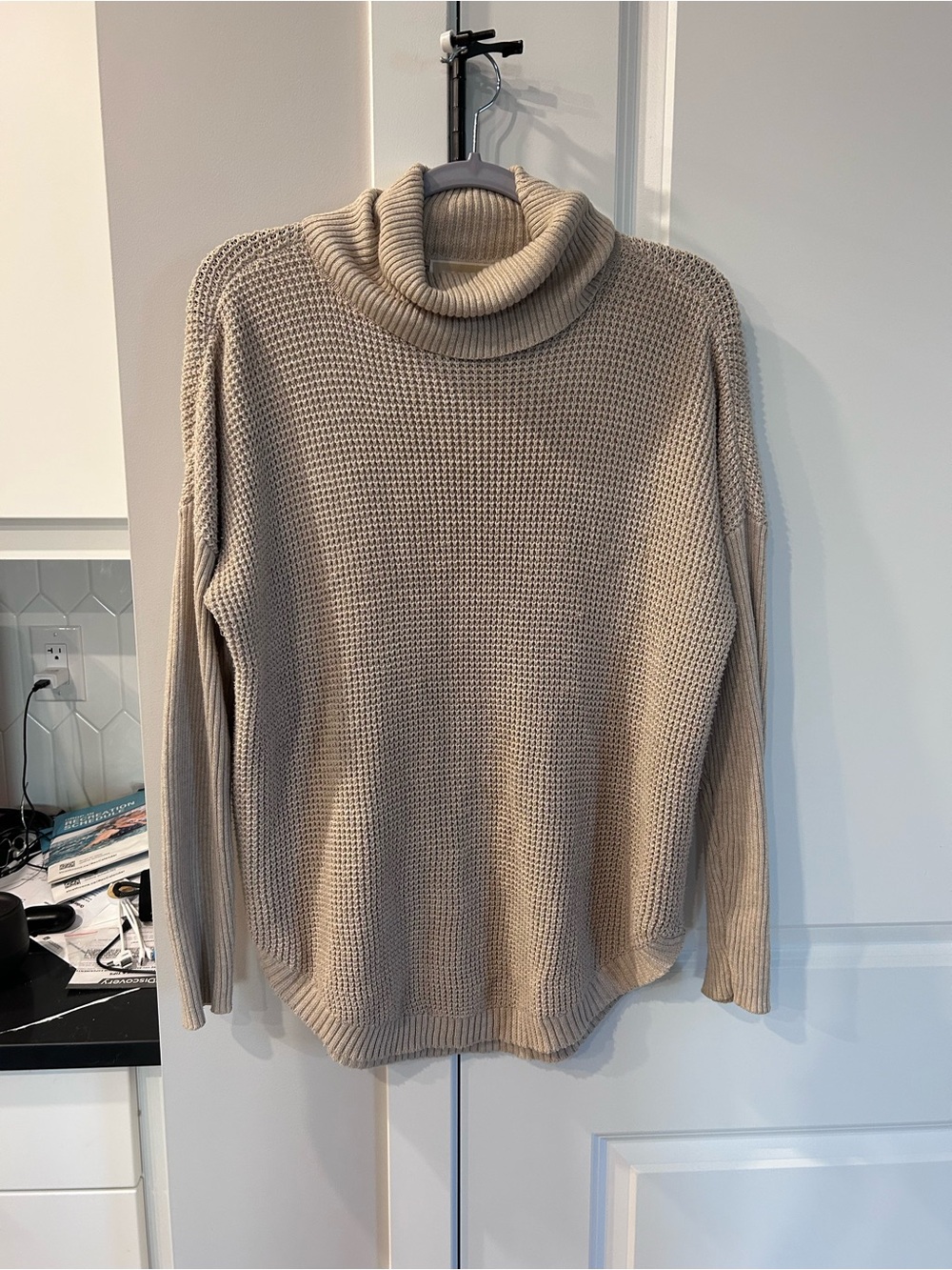 Michael Kors Beige Knit Waffle Cowl Sweater Cozy Neutral Pullover Minimalist
